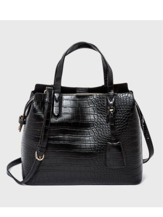 a new day Handbags - A New Day Black Faux Croc-Embossed Satchel Handbag with Gold Hardware